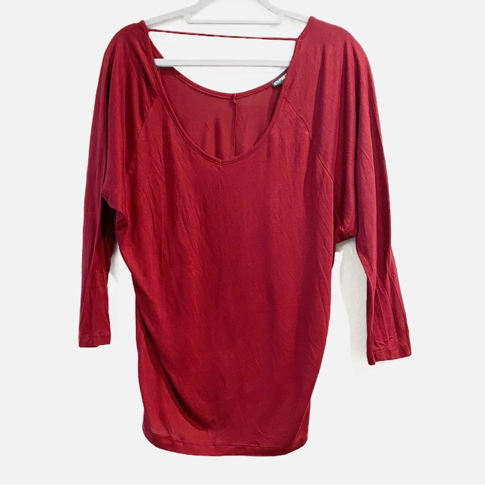 Express Woman’s Red Over Sized Tee, 3/4 Sleeve, with Collar Strap, Size M